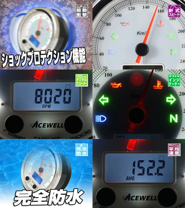 Acewell エースウェル 多機能デジタルメーター 回転数 260km