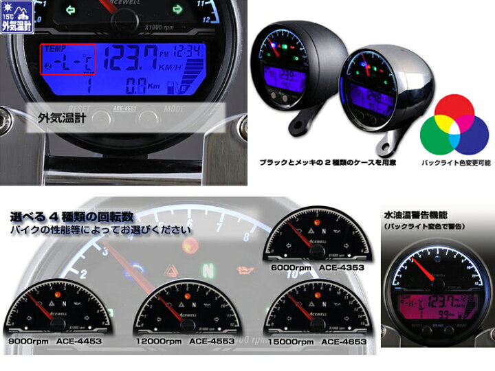 楽天市場 Acewell エースウェル 多機能デジタルメーターace 4000シリーズ Ace 4000 スピードメーター バイク用 バイク バイク用品はとやグループ
