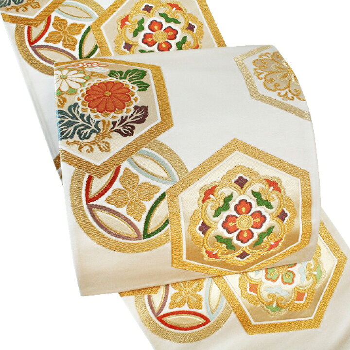 楽天市場】袋帯 唐織 西陣織 白寿苑 新品 白地 クリーム色 華文 花 菊 