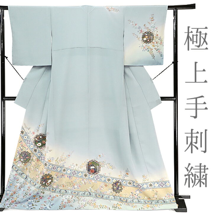 楽天市場】訪問着 正絹 ブルーグレー 更紗 菊 桔梗 桜 橘 女郎花 唐草 