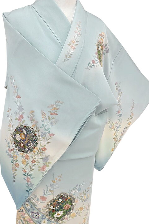 楽天市場】訪問着 正絹 ブルーグレー 更紗 菊 桔梗 桜 橘 女郎花 唐草 