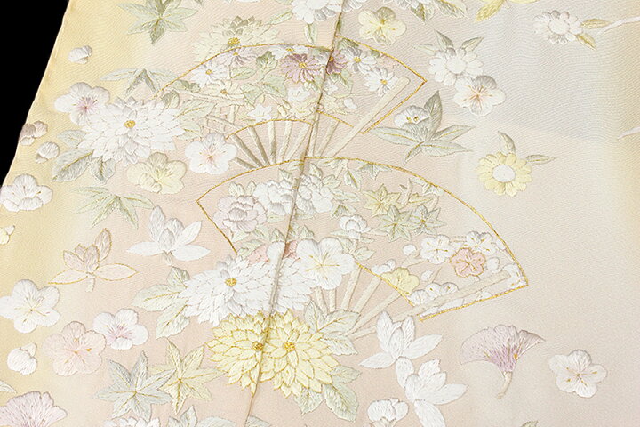 楽天市場】訪問着 手刺繍 正絹 肌色 扇 菊 牡丹 梅 笹 露芝 楓 銀杏 橘 