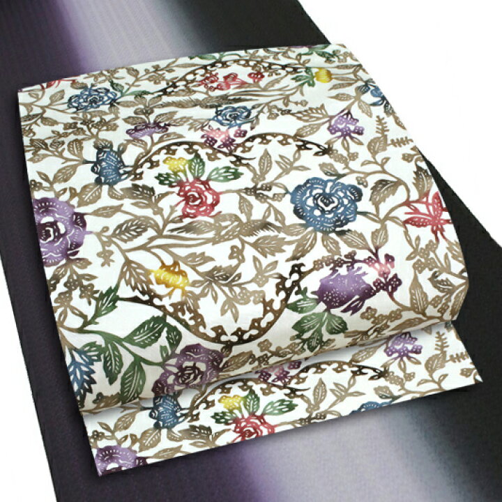 楽天市場】名古屋帯 正絹 カジュアル 江戸紅型 白 野バラ 兎 蝶 花 花  