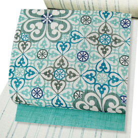 夏物 栗山吉三郎 栗山紅型 夏物 本麻 和染紅型 紅型染 九寸 片喰 緑 薄緑 染帯 未仕立て品 九寸帯 夏帯 お洒落着 カジュアル おしゃれ かわいい 涼しい 爽やか 東京紅型 琉球紅型 着物 受注生産 No.88-2337