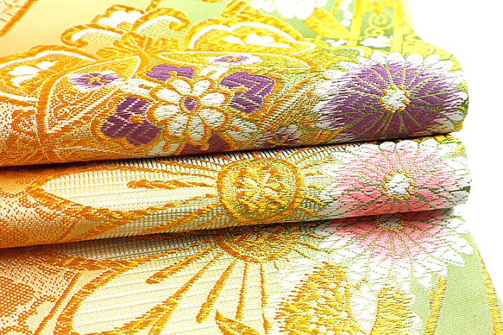 中古 袋帯 ぶら下が 振袖用 正絹 唐織 リサイクル 黄色 黄緑 橙 金 白 