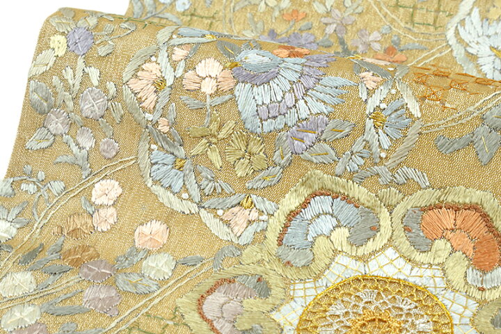 楽天市場】袋帯 スワトウ刺繍 汕頭刺繍 刺繍 手刺繍 西陣織 正絹 金地 