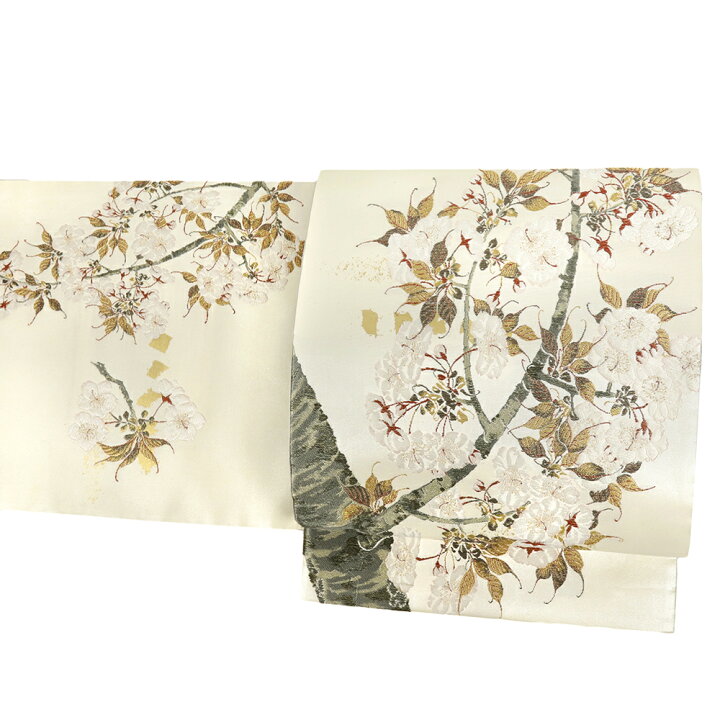 楽天市場】袋帯 正絹 浅山織物 真珠箔 白地 生成 桜 桜の木 西陣織 