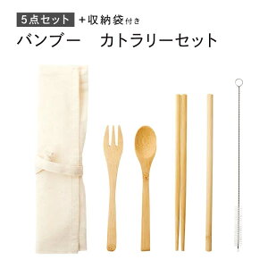 バンブー カトラリーセット(5点) 収納袋付き eco フォーク スプーン 箸 ストロー ブラシ マイストロー
