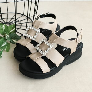 ファーストコンタクト グルカサンダル レディース ウェッジソール バックストラップ 脱げにくい オープントゥ ウエッジソール 5.5cmソール ビジュー バックル 日本製 FIRST CONTACT 黒 ブラック