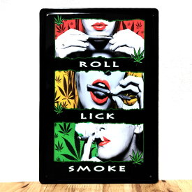 ブリキ看板 おしゃれ ROLL, LICK and SMOKE アンティーク メタルエンボスプレート かっこいい セクシー 女性 壁飾り アメリカン 雑貨 カラフル インテリア 可愛い カフェ 店舗 バー