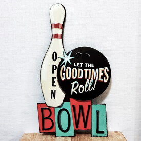 ブリキ看板 エンボスメタルサイン GOODTIMES ROLL BOWL ボーリング おしゃれ OPEN アメリカン ビンテージ エンボス加工 壁掛け プレート 壁飾り 雑貨 レトロ アンティーク インテリア 可愛い カフェ レストラン バー 店舗