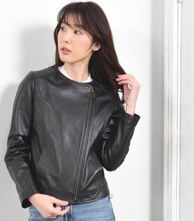 楽天市場】ラムレザー ライダース ジャケット ノーカラーレディース 