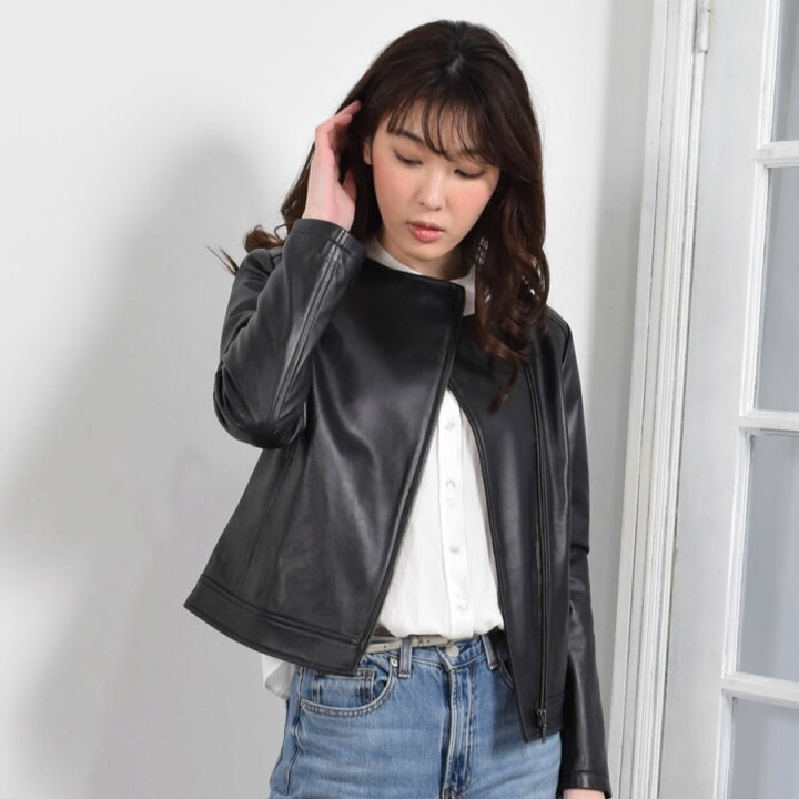 楽天市場】ラムレザー ライダース ジャケット ノーカラーレディース 