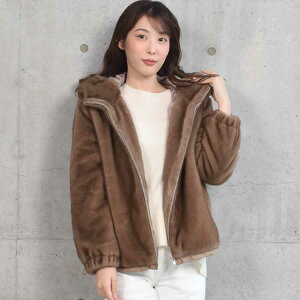 【10%OFFクーポン】ファーコート エコファー ミンクライク ミンク調 フード付き 秋冬 フェイクファー ジャケット ファーコート ファスナー付き 立ち襟 アウター(ej2533)