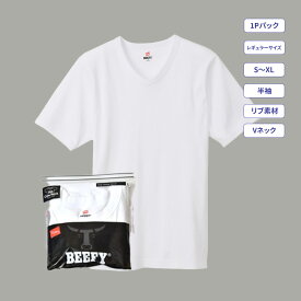 【公式】ヘインズ Hanes ビーフィー リブVネックTシャツ 25SS BEEFY ヘインズ(HM1-T102)★ 肉厚 ヘビーウェイト 厚手 タグ無 タグレス 綿100 コットン★ パックT 無地