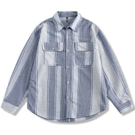 アメリカン シャツ ロング メンズ チェック デザイン カジュアル パッチワーク 通気性良 ノーアイロン処理 春用 ゆったりサイズ 新生活