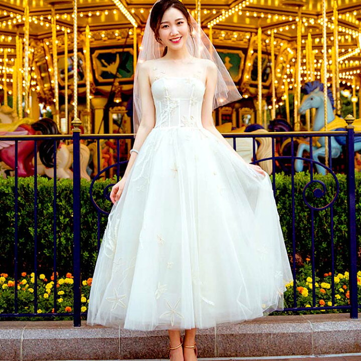 楽天市場 ウェディングドレス ミモレ丈 キャミソール 二次会 花嫁ドレス ノースリーブ きれいめ カジュアル レトロ レース プリンセス 星 モチーフ 結婚式 ドレス パーティードレス かわいい ミモレ おしゃれ ガーリー ストラップ 大きいサイズ チューブトップ 刺繍