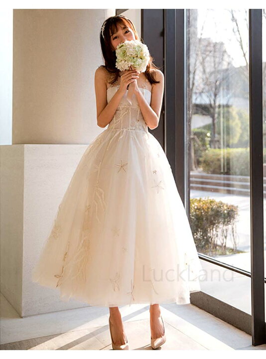 楽天市場】ウェディングドレス ミモレ丈 キャミソール 二次会 花嫁  