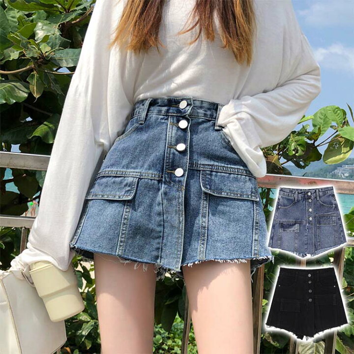 楽天市場 デニムパンツ ショートパンツスカート Aライン キュロット おしゃれ ショートパンツ ハイウエスト 大学生 秋 春物 夏 ジーンズ 高校生 レディースファッション ブルー ブラックs M L Xl Luckland