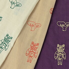 +HAyU fabric HAyU BEAR ダブルガーゼ 刺繍 生地 約96cm幅×10cm単位計り売り｜布 コットン Wガーゼ ステッチ ベアー クマ柄 動物 アート バッグ ポーチ カバー 手作り ハンドメイド【数量5個から承ります】【メール便2mまで】