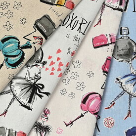 SPELL BY MIA カワグチミヤコ コスメ柄 綿麻キャンバス生地 約110cm幅×10cm単位計り売り | スペルバイミヤ miyako kawaguchi コットンリネン リネンブレンド プリント 手芸 手作り ハンドメイド【数量5個から承ります】【メール便2mまで】