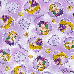 ラプンツェル ハート柄 オックス生地 ディズニープリンセス 約110cm幅×10cm単位計り売り | 布 コットン プリント 手芸 ハンドメイド【数量5個から承ります】