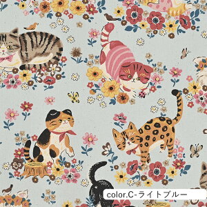Powerful animal 猫Flower オックス生地 約110cm幅×10cm単位計り売り | コットン プリント 猫 ねこ 花柄 手芸 手作り ハンドメイド【数量5個から承ります】【メール便2mまで】