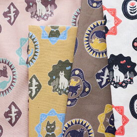 Sanae Sugimoto(杉本さなえ) "Cat Days" 綿麻シーチング生地 約108cm幅×10cm単位計り売り ｜ コットン85% リネン15% 日本製 プリント ナチュラル 猫柄 ネコ 動物 かわいい おしゃれ 布 手芸 手作り ハンドメイド【数量5個から承ります】【メール便3mまで】