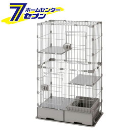 システムトイレ付 スリムキャットケージ 2段 ライトグレー PTC-752 アイリスオーヤマ [猫用ケージ トイレ一体型 転倒防止ベルト付き ペット用品]