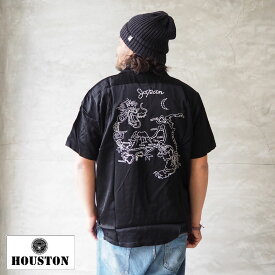 HOUSTON ヒューストン シャツ 半袖 SOUVENIR SHIRT (CHIZU) メール便 41047 メンズ スーベニアシャツ オープンカラー 開襟シャツ メンズ スカシャツ スカジャン 半袖シャツ 日本地図 スーベニア モノトーン 刺繍 JAPAN ミリタリー カジュアル 黒 白