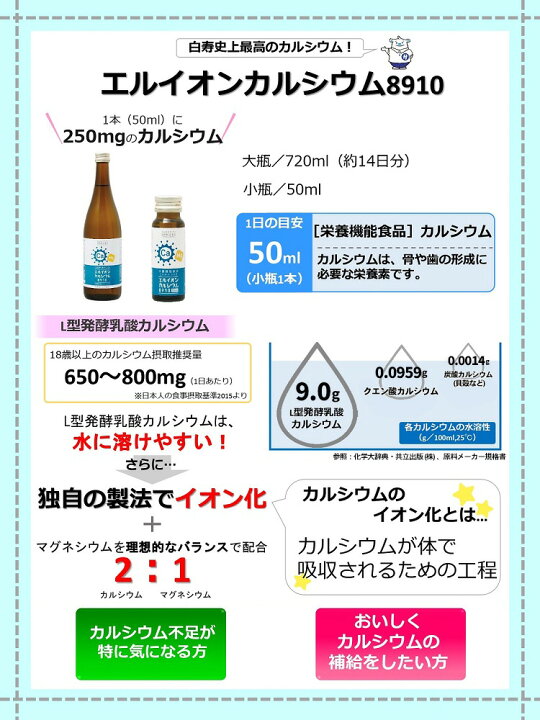 楽天市場】イオン化カルシウム飲料【エルイオンカルシウム8910 