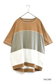 【7/10(木)限定店内全品ポイント5倍】≪SALE 50%OFF≫3段切替えビックプルオーバーレディース トップス プルオーバー 半袖 オートミール キャメル カーキ ネイビー 綿 綿100/st