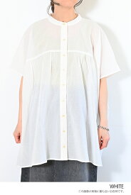 ≪SALE 50%OFF≫切替ギャザーノーカラーチュニックレディース トップス シャツ チュニック ホワイト カーキ チャコール ナチュラル ブラック ネイビー チェック ギンガムチェック ストライプ 綿 綿100/sfb/rf/sn/6ko/25r/7ko