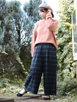 ≪12/2発売≫TR起毛ワイドパンツ柄レディース,ボトムス,パンツ,ワイドパンツ,チェック,グレンチェック,ハトマ定番ボトムス,ハトマスト,冬,カジュアル,トレンド,キレイめ,あったか素材
