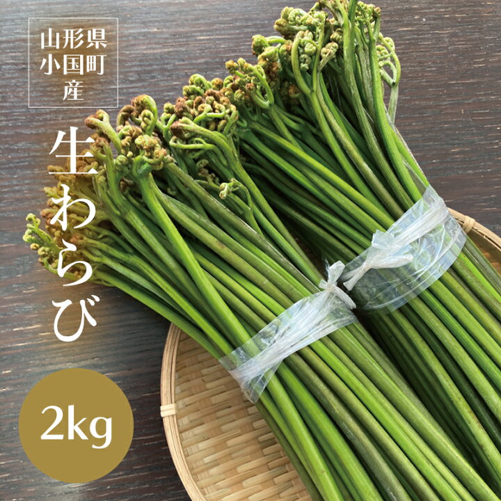楽天市場 わらび 2kg 山形県小国町産 天然山菜 生ワラビ あく抜き用重曹付き クール便 お取り寄せ ハートランドファームいちご一笑