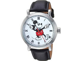 Disney ディズニー　ミッキー・マウス腕時計　（シルバー）　ブラック・レザーバンド　Adult Vintage