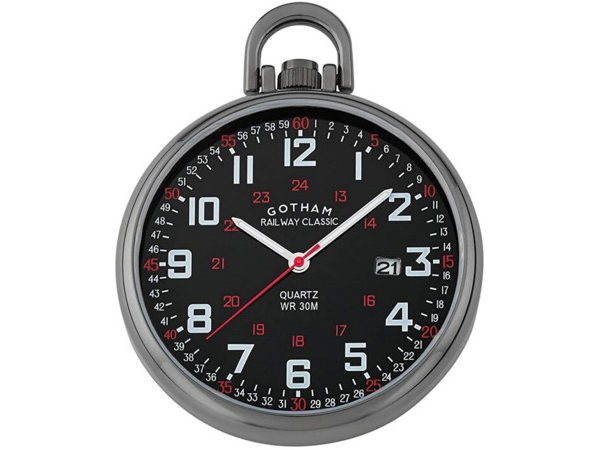 Gotham Watch ゴッサム オープンフェイス懐中時計 Gun-Plated 日本製クォーツ GWC14107BBK Date Railroad 公式の 割引購入 Style