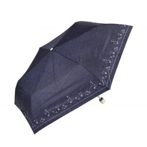 藤田屋 晴雨兼用折りたたみ傘 50cm 晴雨兼用丸手元 刺繍風ダンガリー SM-2553(KT)