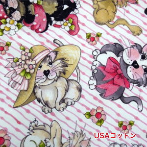 【USAコットン】【Loralie Harris】/「ピンクストライプとCAT」/コットン/輸入生地/布/マスク/ 小物/ 洋服/ アメリカ/ ねこ/猫/ネコ/ストライプ