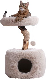 Gworld キャットタワー 木製 キャットツリー 木登りタワー 高級無垢材 太い支柱 多頭飼い 大型猫用 モフモフ猫ハウス 遊びのポンポン付き 猫タワー 人気 おしゃれ 爪とぎ 猫 かわいい 安定性 インテリア 0724