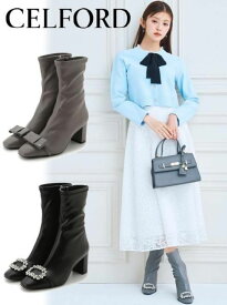 【予約】(限定価格10%OFF&500円OFF) CELFORD セルフォード ビジュー＆リボンクリップ付きストレッチブーツ 25秋冬.予約 CWGS255513 ブーツ 入荷予定 : 11月上旬〜
