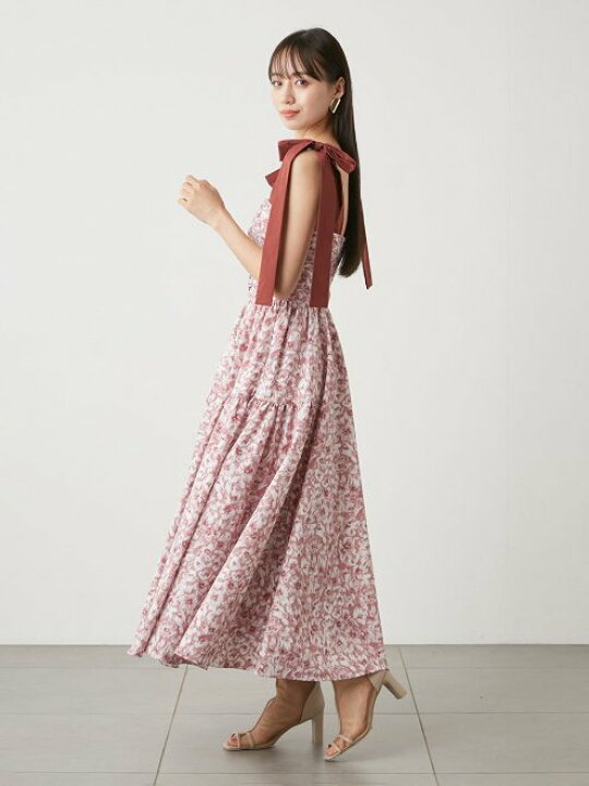 SNIDEL スナイデルショルダーリボンフラワーワンピースワインレッドS 