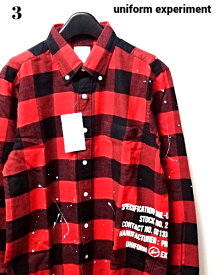 3【uniform experiment FLANNEL CHECK DRIPPING B.D SHIRT UE-202051 RED ユニフォームエクスペリメント フランネル チェックシャツ】