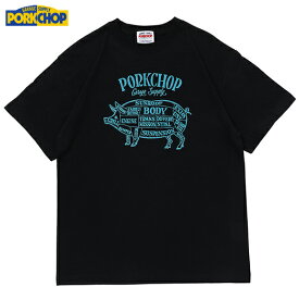 M【PORKCHOP PORK FRONT S/S TEE BLACK x LIGHT BLUE ポークチョップ Tシャツ ポーク フロント ブラック x ライトブルー 黒】