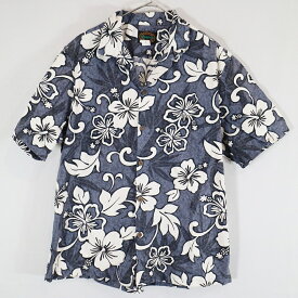2000年代～ USA製 RESERVE アロハシャツ 半袖シャツ オープンカラー ハイビスカス 総柄 ネイビー (メンズ L) 中古 古着 N5311