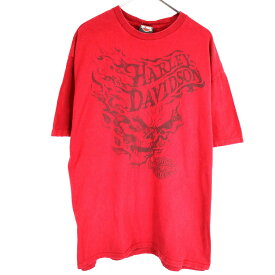 HARLEY DAVIDSON ハーレーダビッドソン スカル 半袖Tシャツ バイカー 大きいサイズ レッド (メンズ XL) 中古 古着 O1723