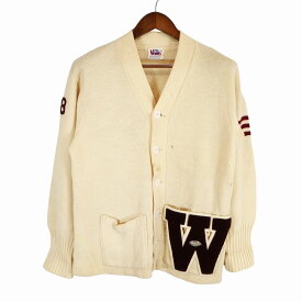 60年代 USA製 VENUS レタードカーディガン 刺繍 ヴィンテージ カレッジ アイボリー (メンズ 42) 中古 古着 O4178