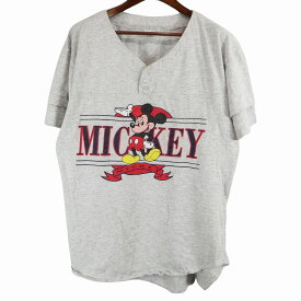 THE Disney STORE ミッキーマウス ヘンリーネック半袖Tシャツ キャラ 袖二枚地 ラウンド プリント グレー (メンズ 2XL) 中古 古着 O6061