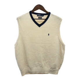 90年代 Polo by Ralph Lauren ラルフローレン Vネック コットン ベスト トップス ワンポイントロゴ アイボリー (メンズ L) 中古 古着 P9624