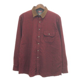 80年代 USA製 WOOLRICH ウールリッチ LAND'S END ランズエンド ウールシャツ レザーカラー チェック レッド (メンズ L) 中古 古着 P9853